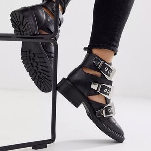 ASOS DESIGN Antidote leather cut out chunky ankle boots in black- Size 9